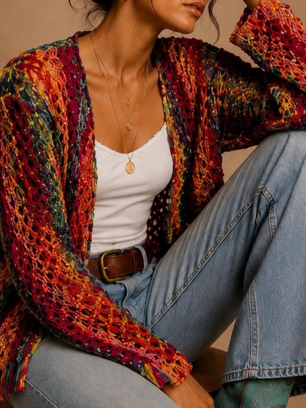 Multicolor Open-Knit Fringe Women's Cardigan Sweater size large - Picture 4 of 8